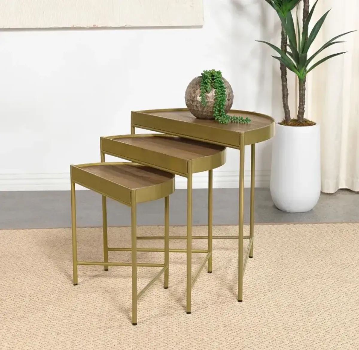 Tristen 3-Piece Demilune Nesting Table With Recessed Top Brown and Gold