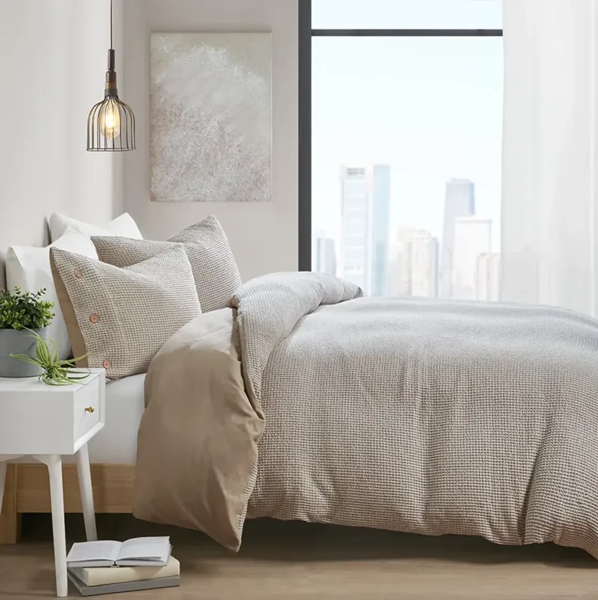 Clean Spaces Mara Taupe 3 Piece Cotton and Rayon from Bamboo Blend Waffle Weave Duvet Cover Set