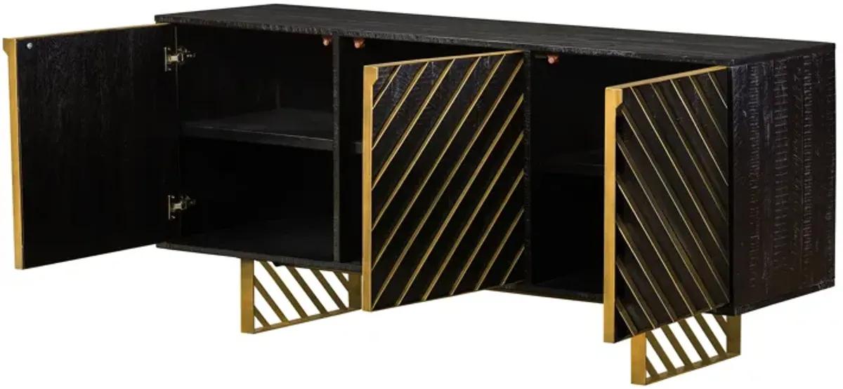 Monaco Rectangular Black Wood Sideboard with Antique Brass Accent