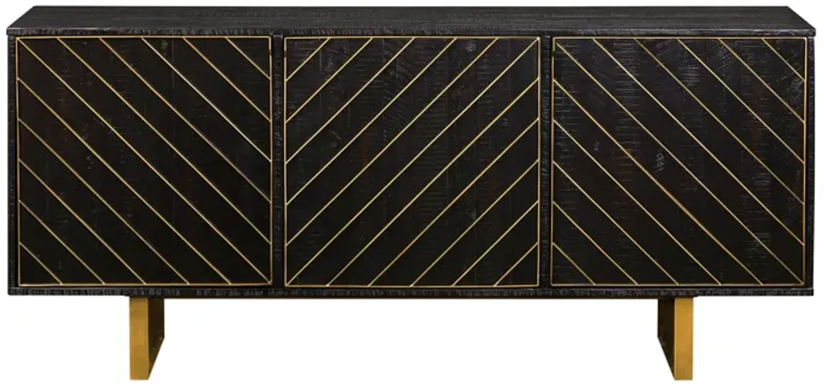 Monaco Rectangular Black Wood Sideboard with Antique Brass Accent