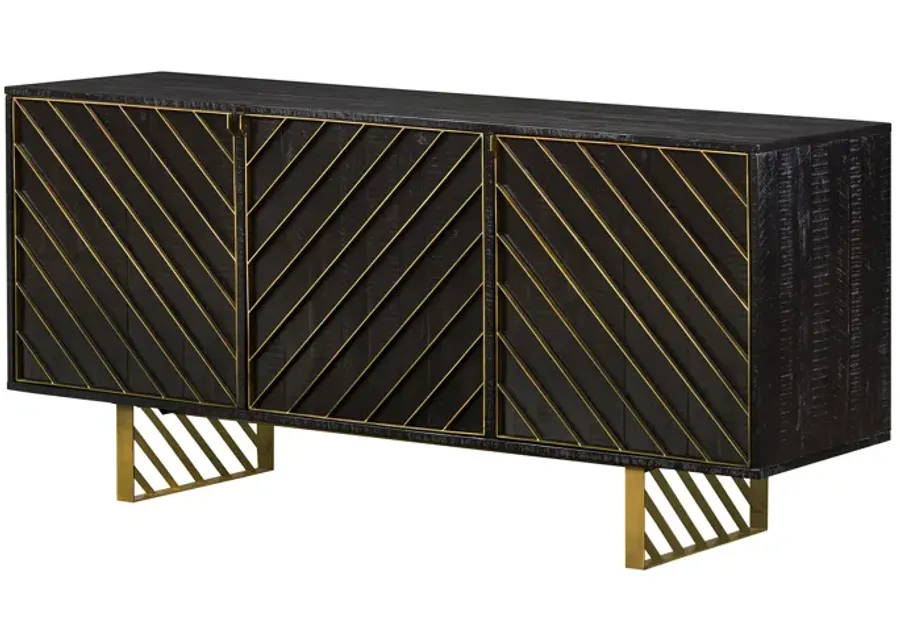 Monaco Rectangular Black Wood Sideboard with Antique Brass Accent