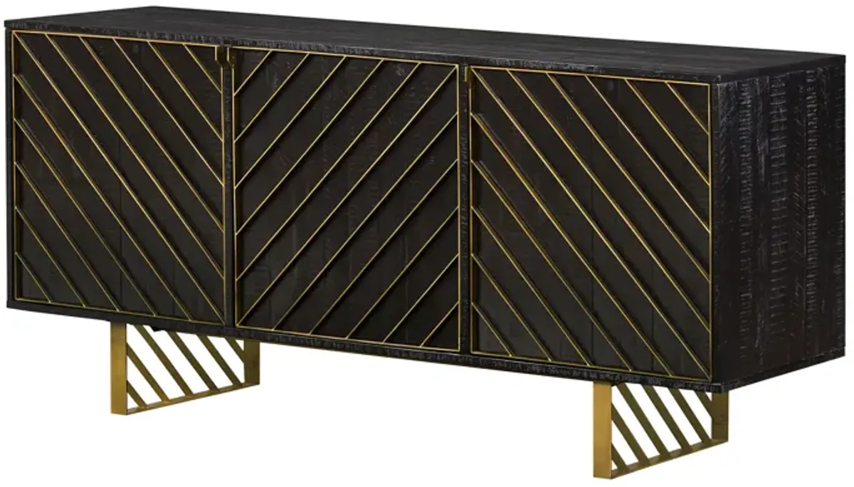 Monaco Rectangular Black Wood Sideboard with Antique Brass Accent