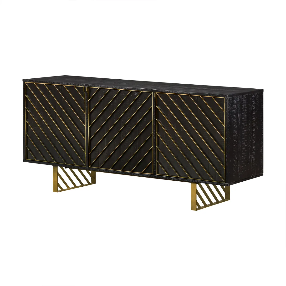 Monaco Rectangular Black Wood Sideboard with Antique Brass Accent