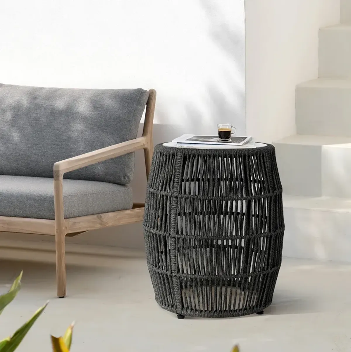 Emory Indoor Outdoor Garden Stool End Table in Charcoal Rope and Gray Stone