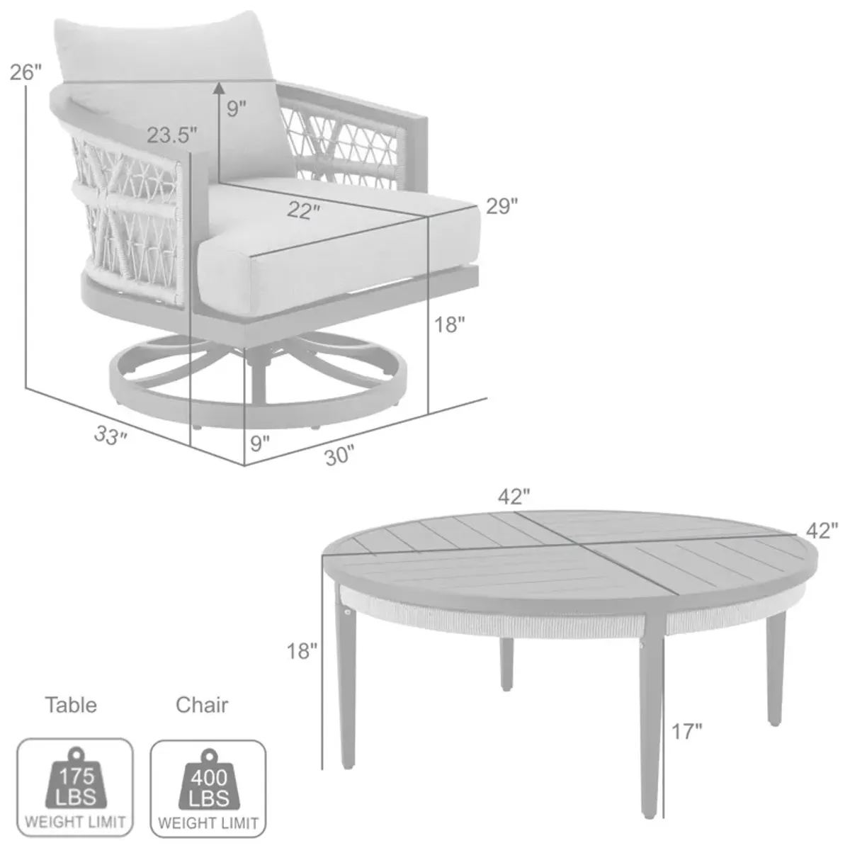 Zella Outdoor Patio 3 Piece Swivel Seating Set in Aluminum with Light Gray Rope and Cushions