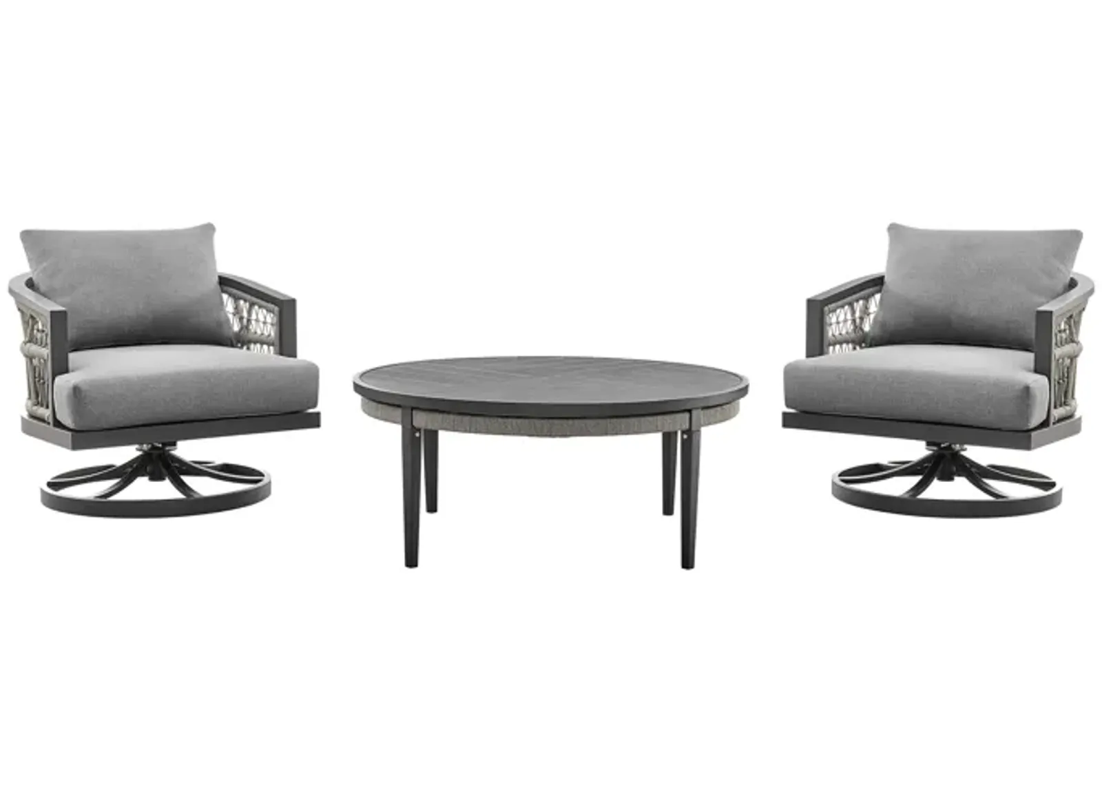 Zella Outdoor Patio 3 Piece Swivel Seating Set in Aluminum with Light Gray Rope and Cushions