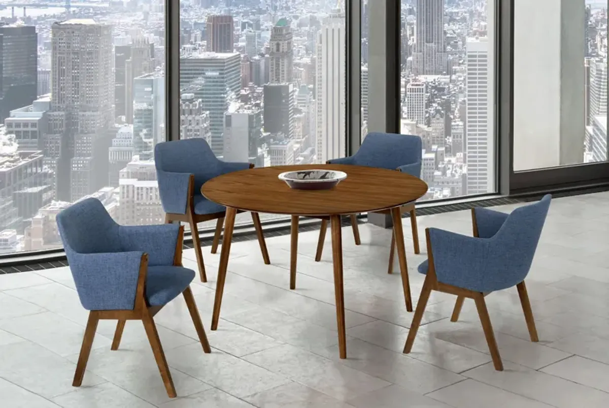 Arcadia and Renzo 48" Round Blue and Walnut Wood 5 Piece Dining Set