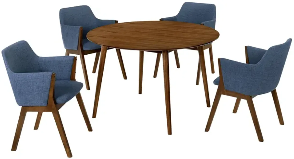 Arcadia and Renzo 48" Round Blue and Walnut Wood 5 Piece Dining Set