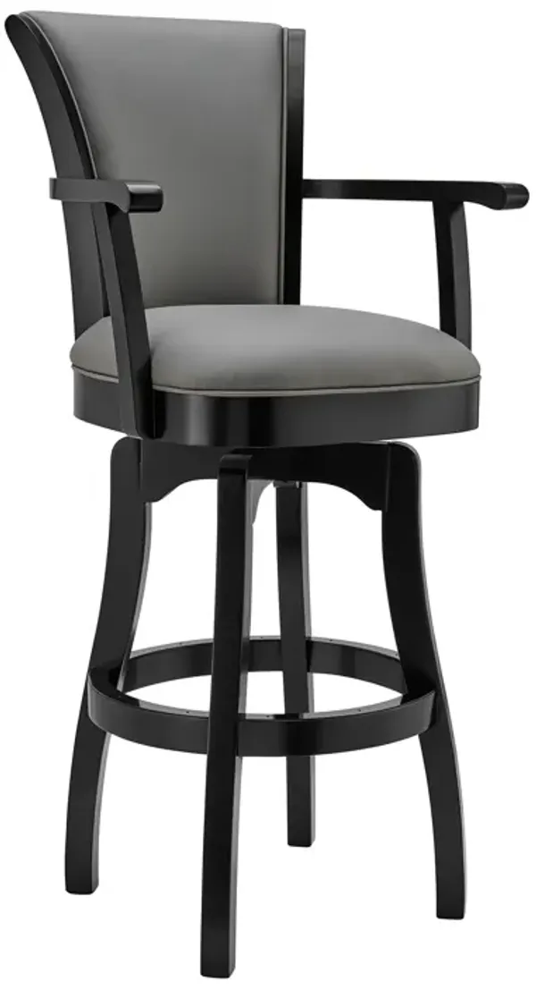 Raleigh 26" Counter Height Swivel Grey Faux Leather and Black Wood Arm Bar Stool