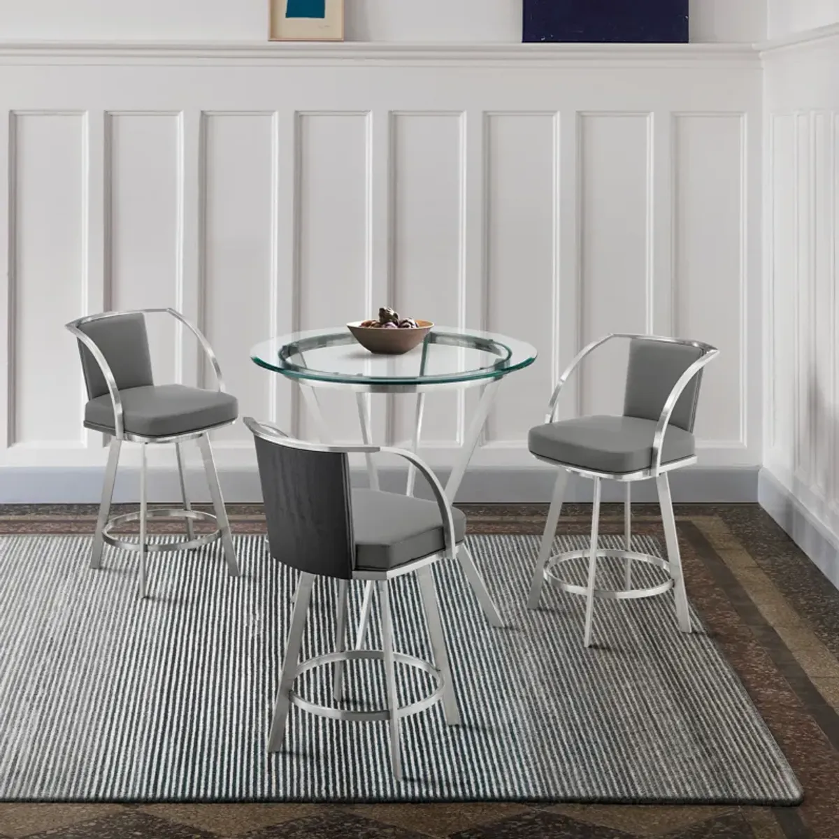 Naomi and Livingston 4-Piece Counter Height Dining Set in Brushed Stainless Steel and Grey Faux Leather