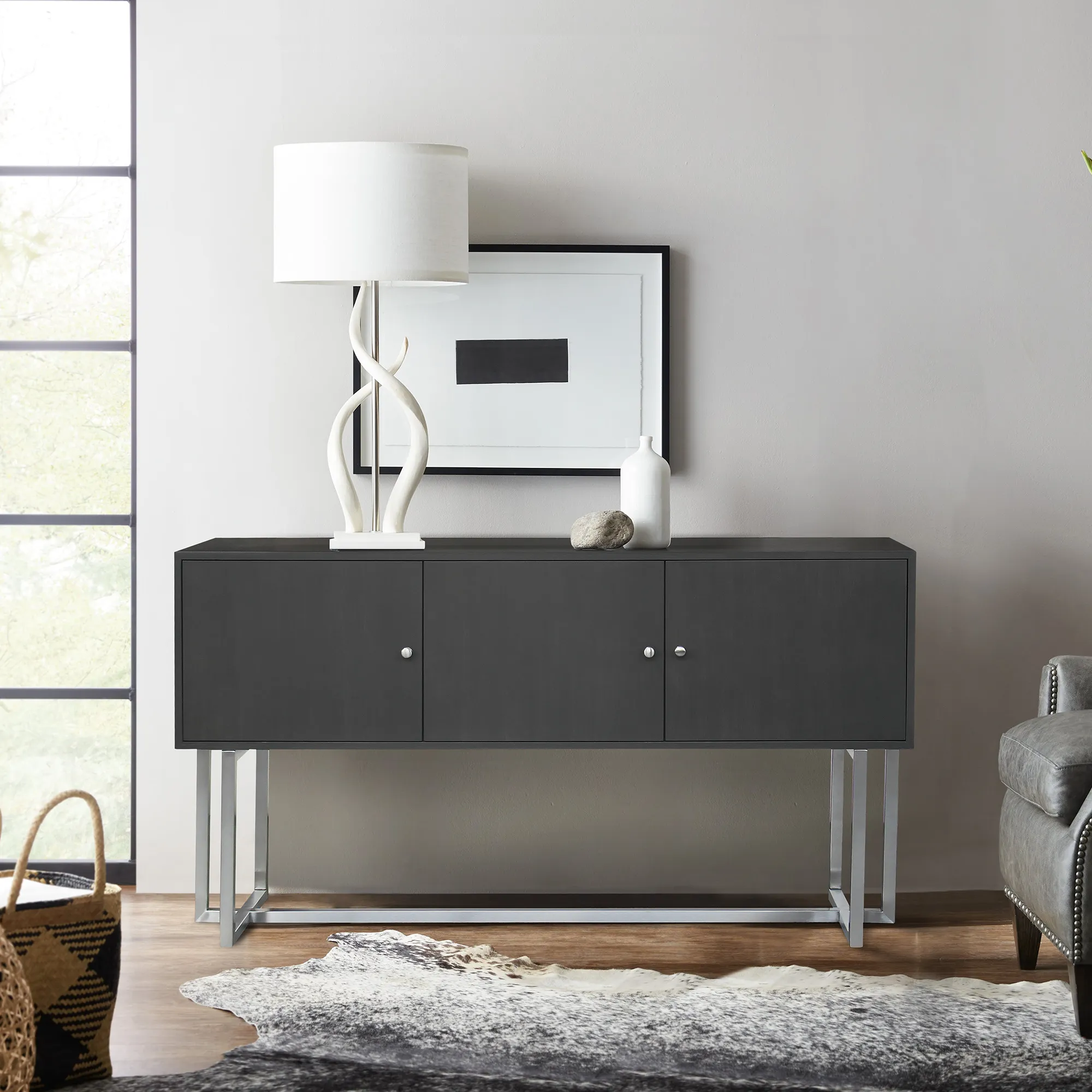 Prague Contemporary Buffet in Brushed Stainless Steel Finish and Gray Wood