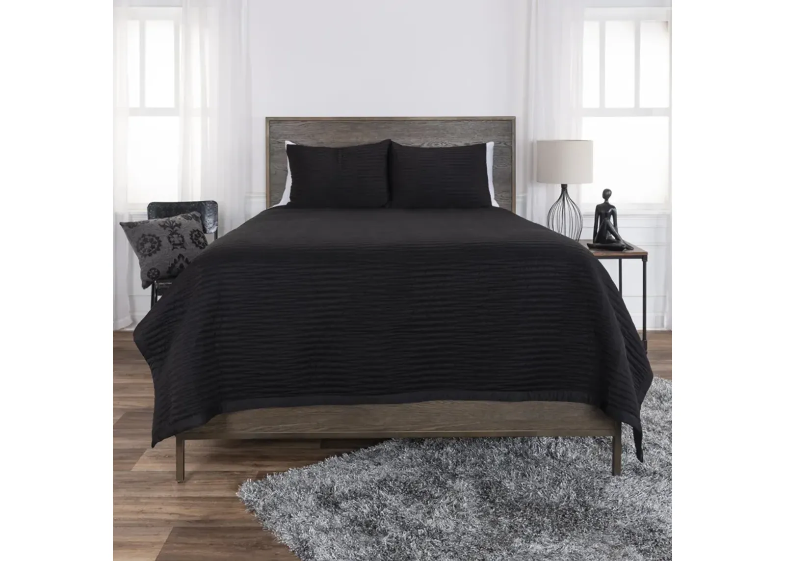 Parker- Black King Geometric Black  Quilt -  Set of 3