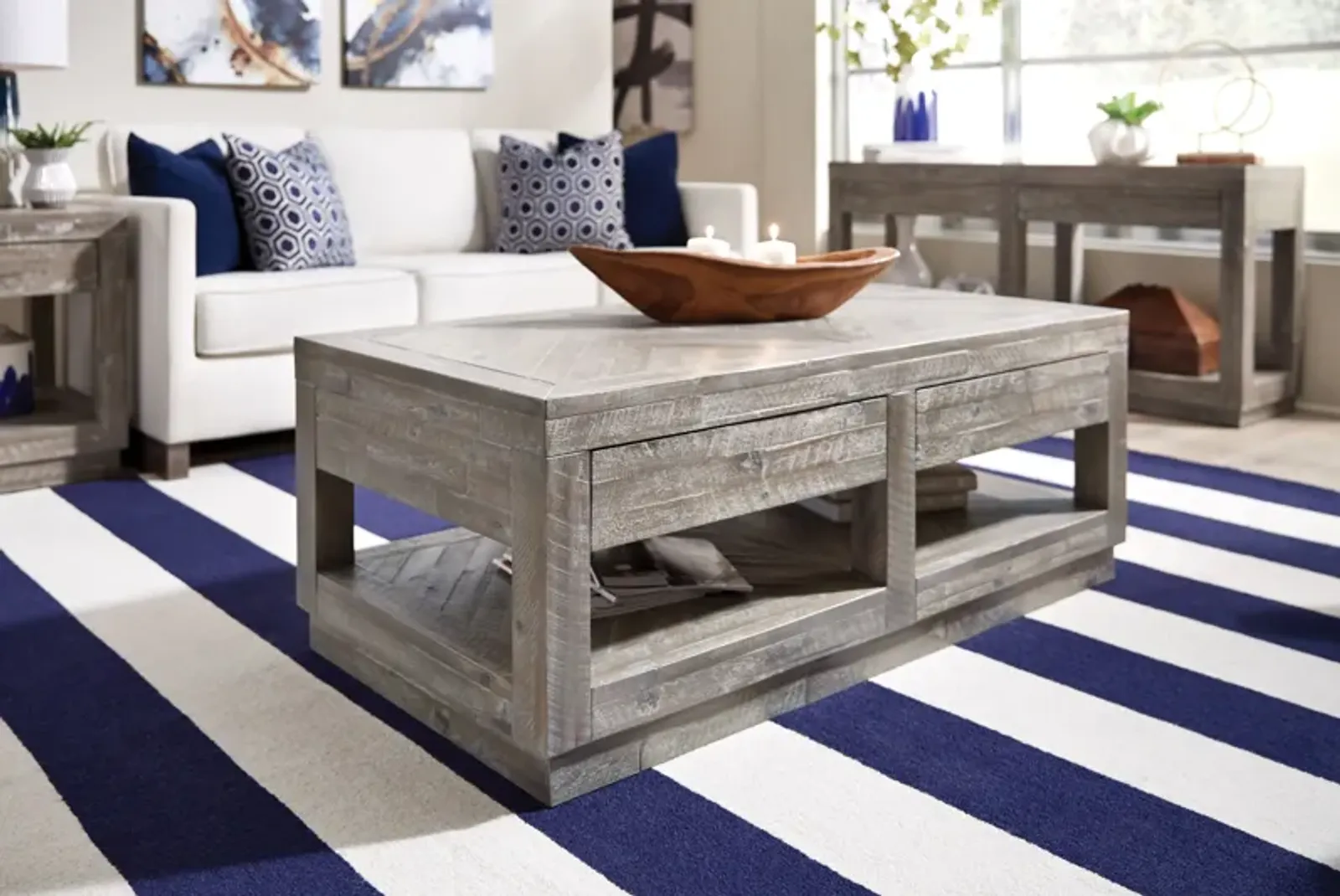 Herringbone Solid Wood Two Drawer Coffee Table in Rustic Latte