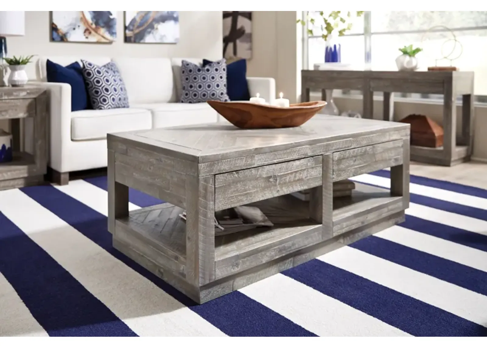 Herringbone Solid Wood Two Drawer Coffee Table in Rustic Latte