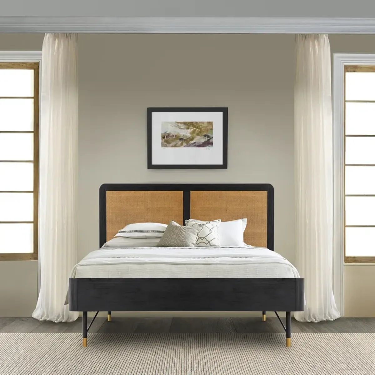 Saratoga Queen Platform Frame Bed in Black Acacia with Rattan Headboard