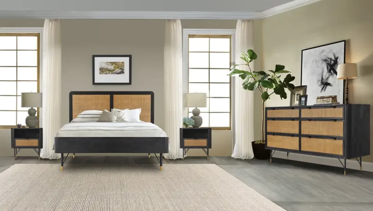 Saratoga Queen Platform Frame Bed in Black Acacia with Rattan Headboard