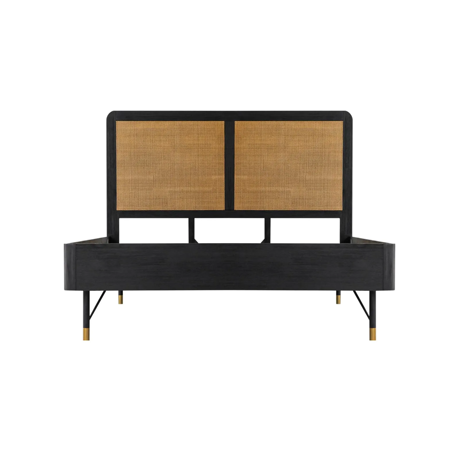 Saratoga Queen Platform Frame Bed in Black Acacia with Rattan Headboard