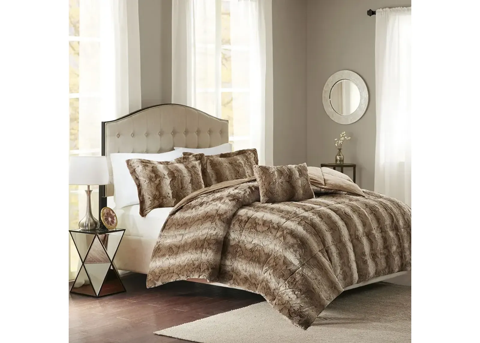 Madison Park Zuri Tan 4PC Faux Fur Comforter Set