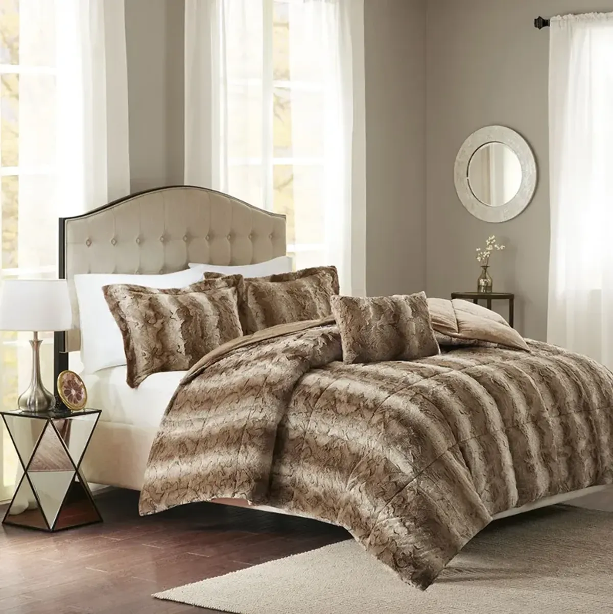 Madison Park Zuri Tan 4PC Faux Fur Comforter Set