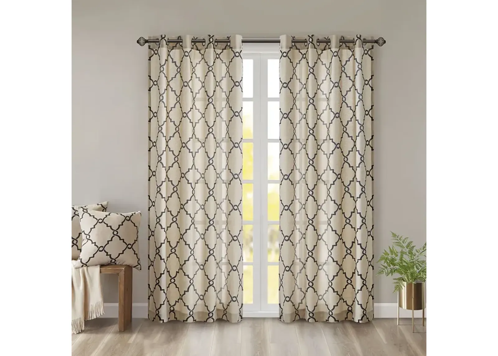 Madison Park Saratoga Khaki/Black Fretwork Print Grommet Top Window Curtain Panel