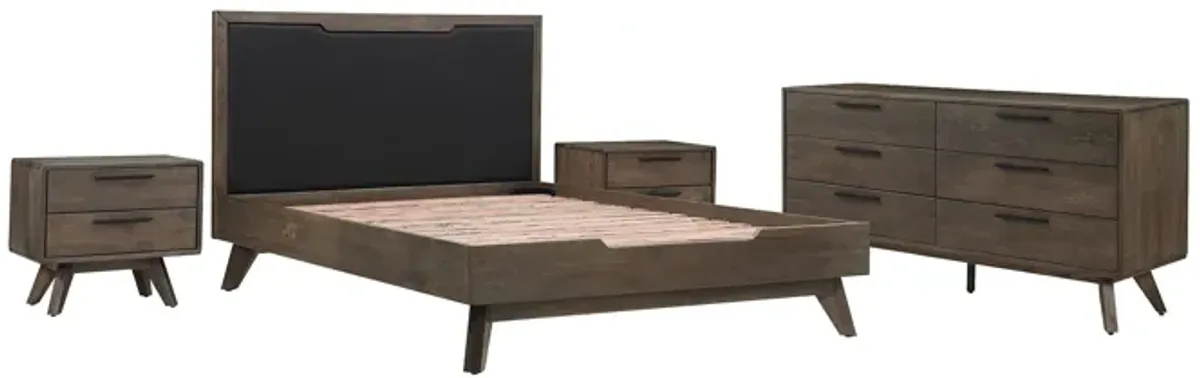 Astoria 4 Piece Queen Bedroom Set in Oak with Black Faux Leather 