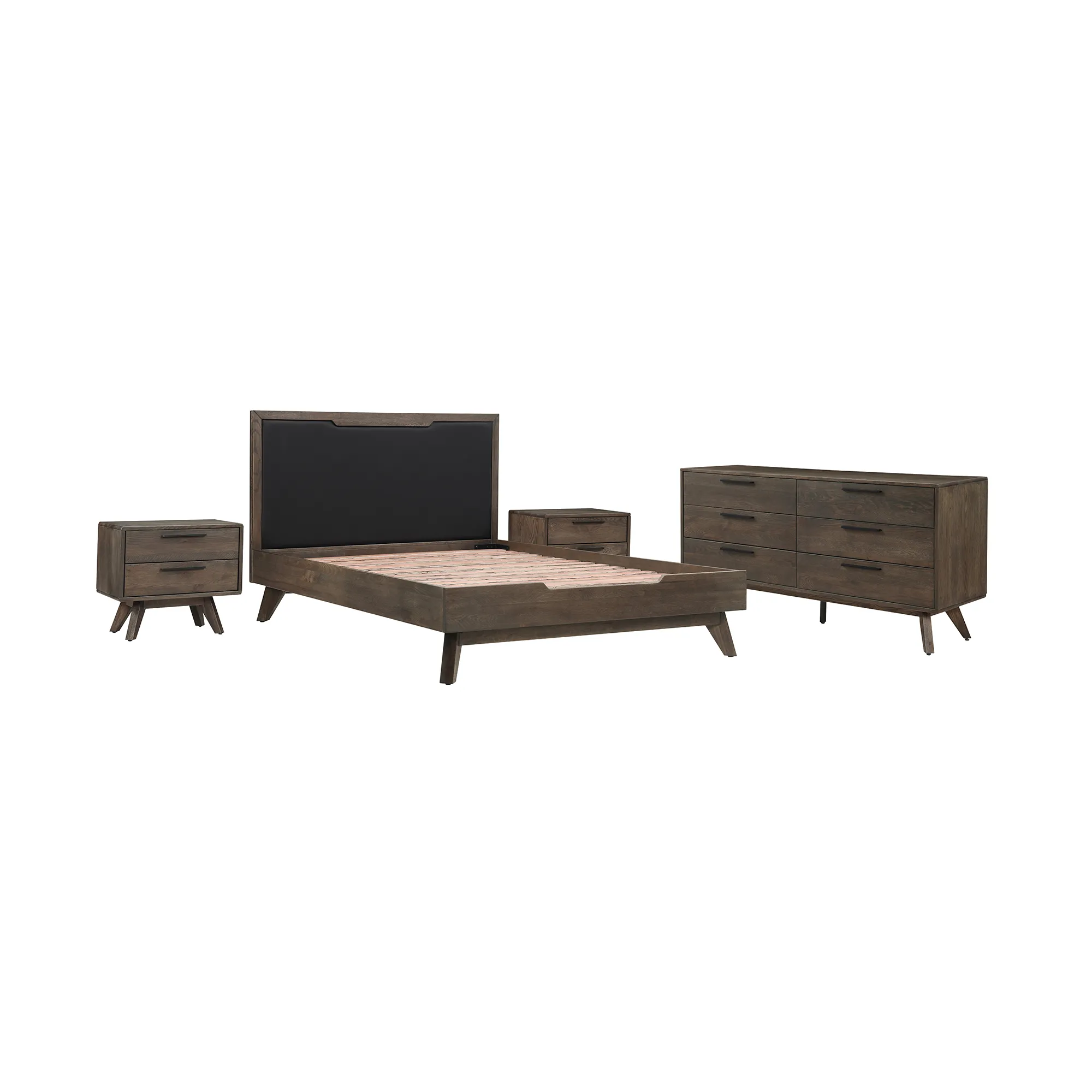 Astoria 4 Piece Queen Bedroom Set in Oak with Black Faux Leather 