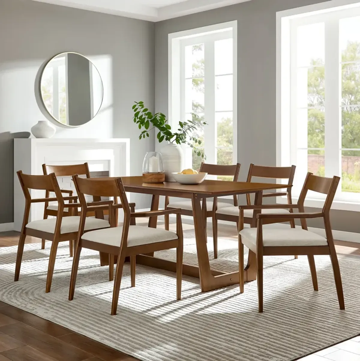 Solara 7-Piece Wood Dining Set with Fabric Upholstered Armchairs by Modway