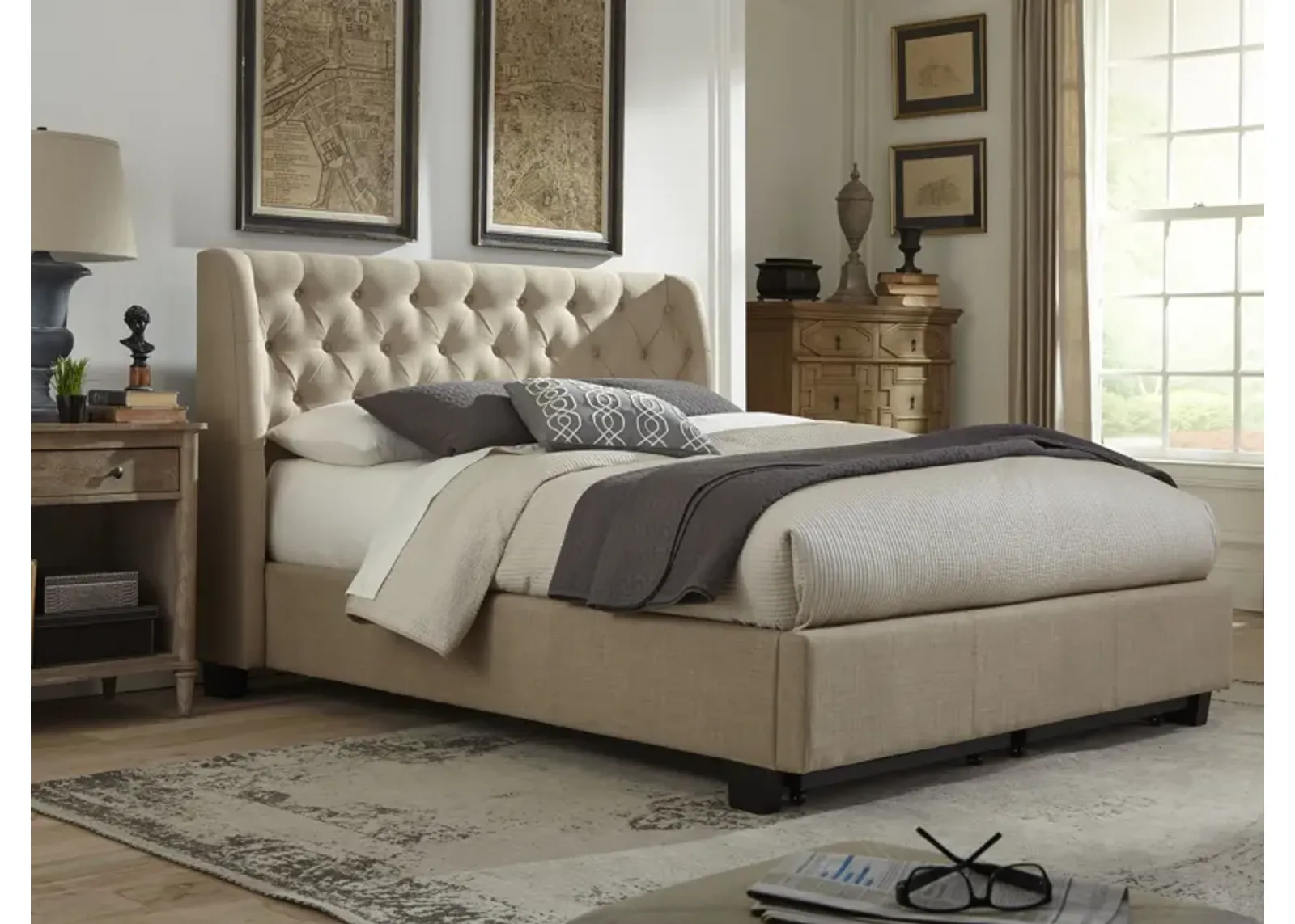 Levi King-Size Tufted Platform Bed in Toast Linen