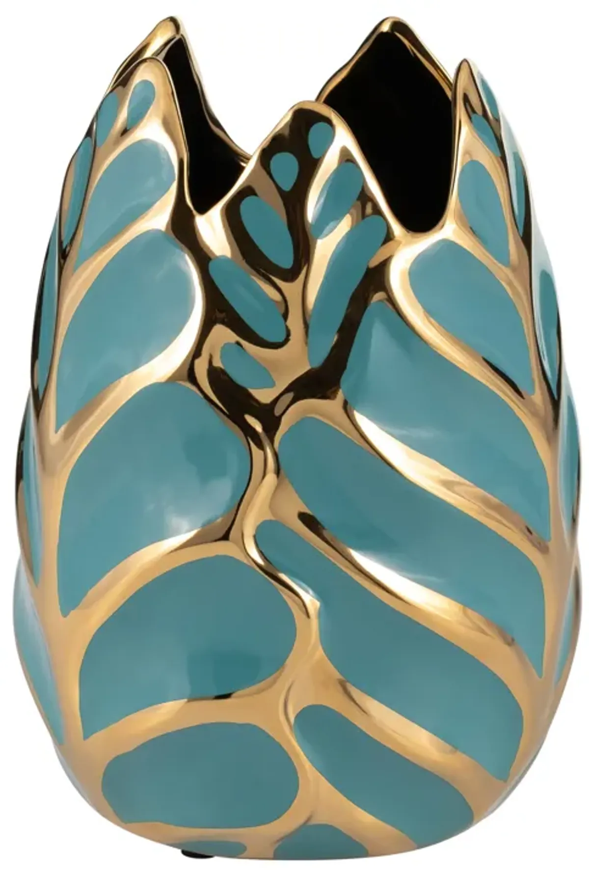 Ceramic 8"h Leaf Vase, Turquoise/gold