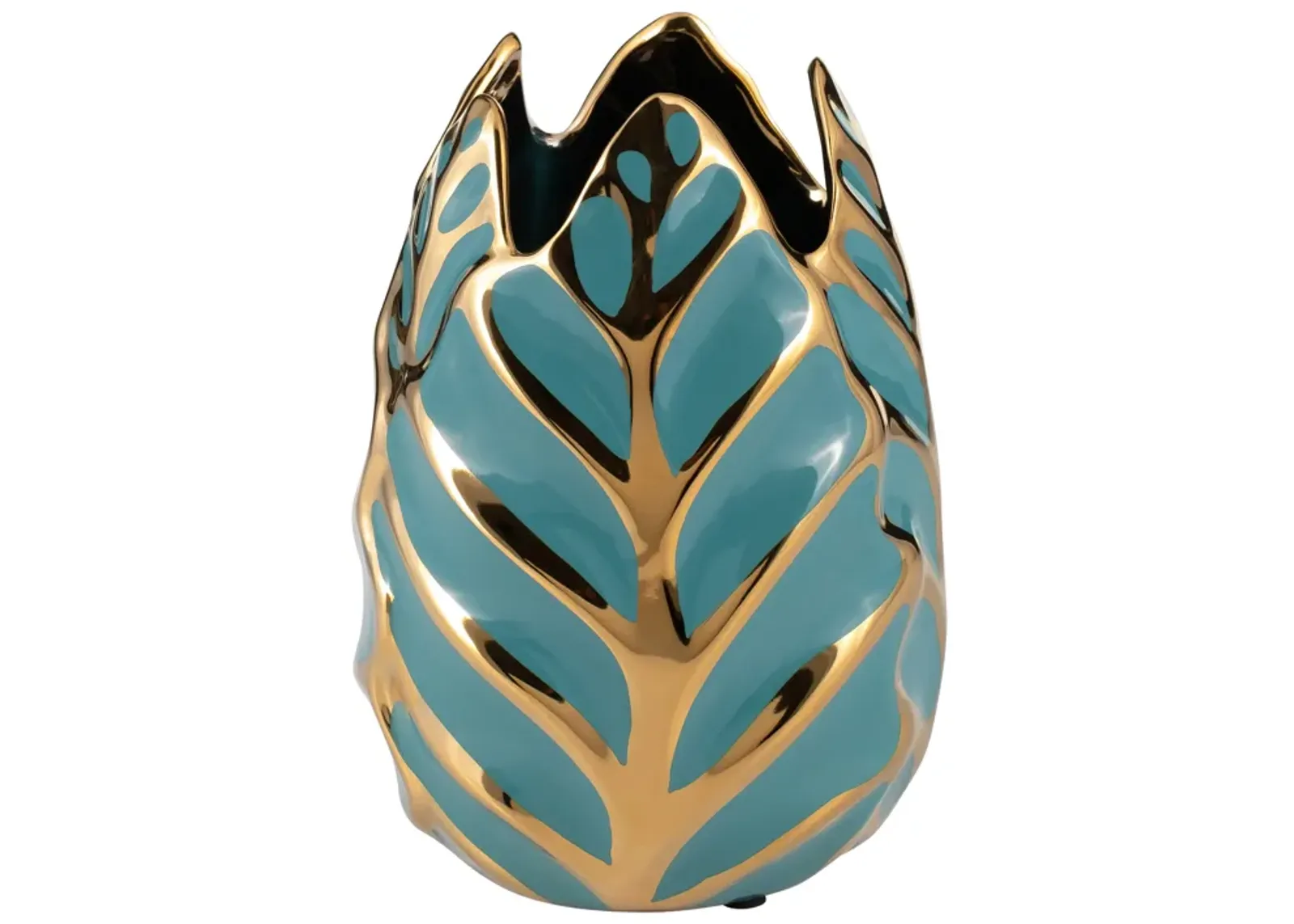 Ceramic 8"h Leaf Vase, Turquoise/gold