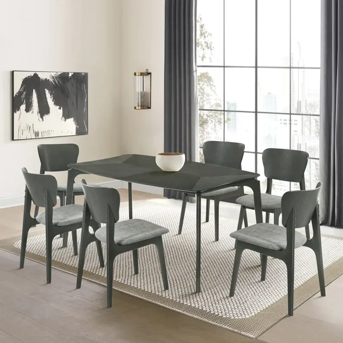 Kalia 7 Piece Wood Dining Set in Gray Finish with Gray Fabric