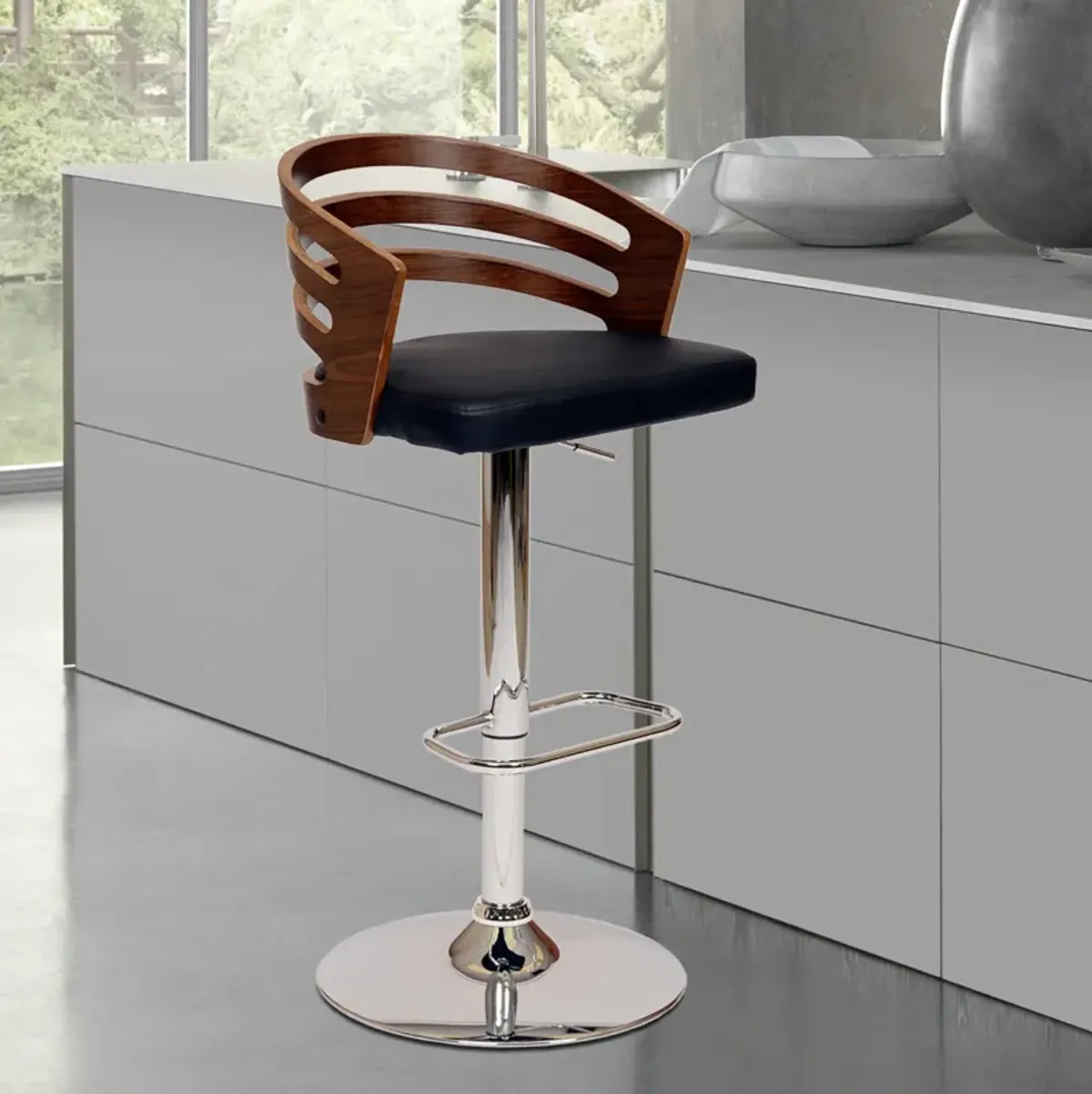 Adele Adjustable Height Swivel Black Faux Leather and Walnut Wood Bar Stool with Chrome Base