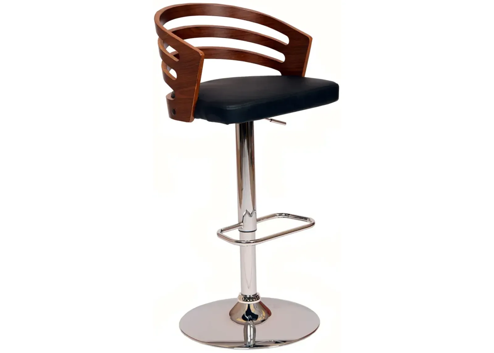 Adele Adjustable Height Swivel Black Faux Leather and Walnut Wood Bar Stool with Chrome Base