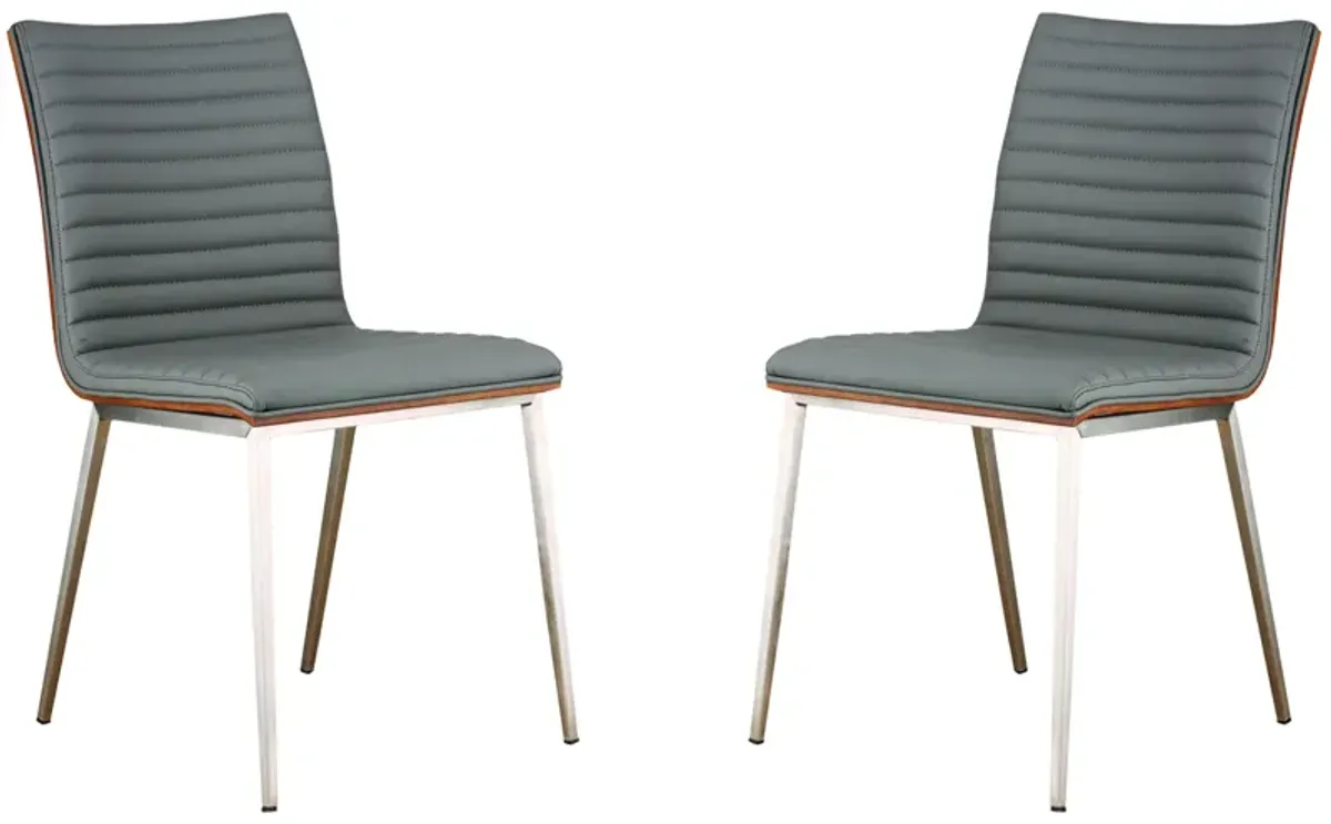 Caf� Brushed Stainless Steel Dining Chair in Gray Faux Leather with Walnut Back - Set of 2