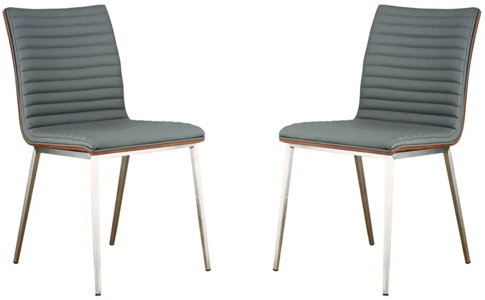 Caf� Brushed Stainless Steel Dining Chair in Gray Faux Leather with Walnut Back - Set of 2