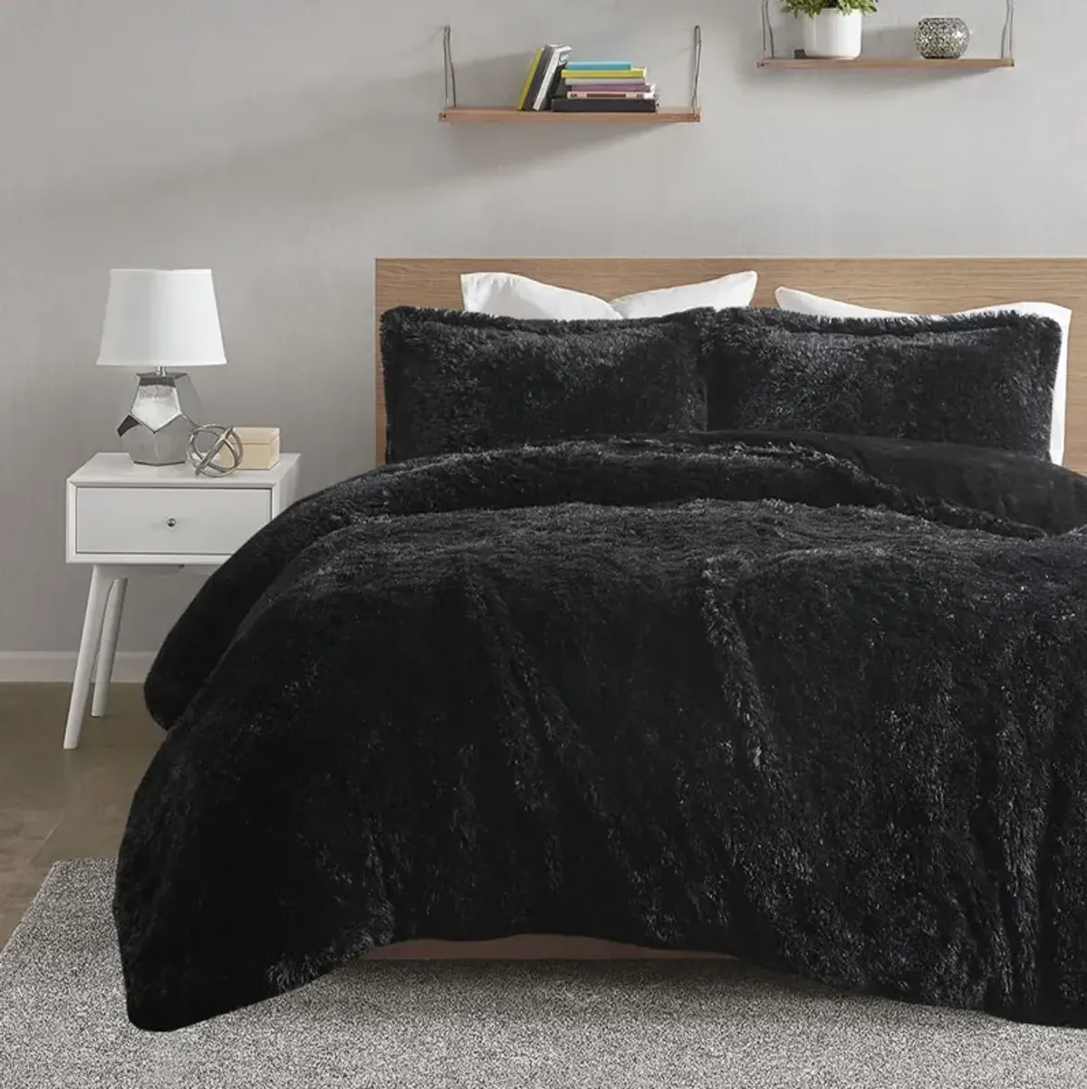 Intelligent Design Malea Black Shaggy Fur Duvet Cover Set