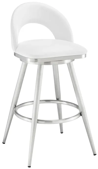 Charlotte 30" Swivel Bar Stool in Brushed Stainless Steel with White Faux Leather