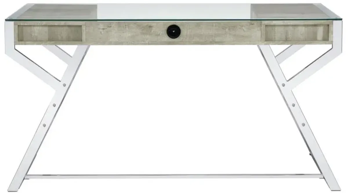 Emelle 2-drawer Glass Top Writing Desk Grey Driftwood and Chrome