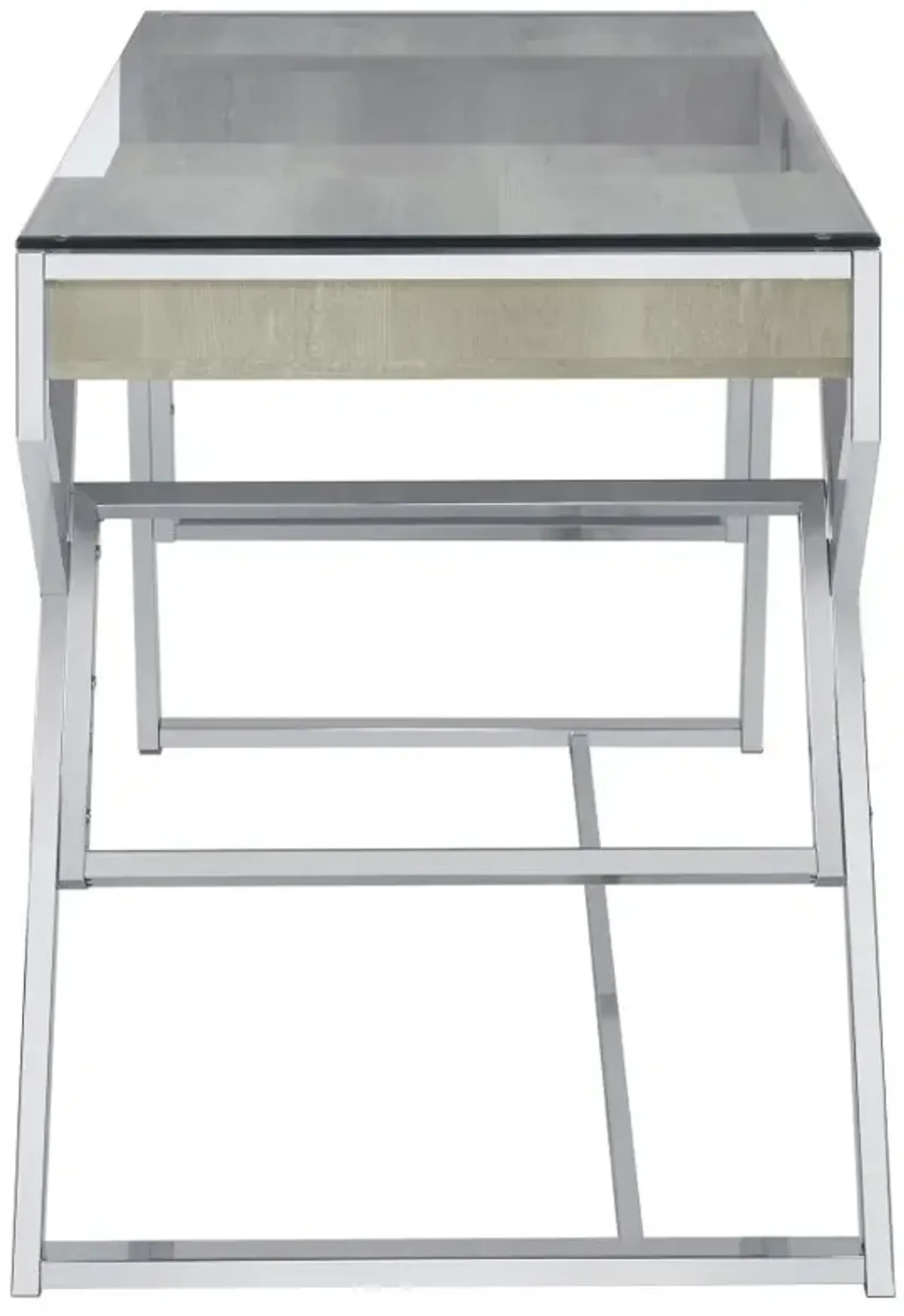 Emelle 2-drawer Glass Top Writing Desk Grey Driftwood and Chrome