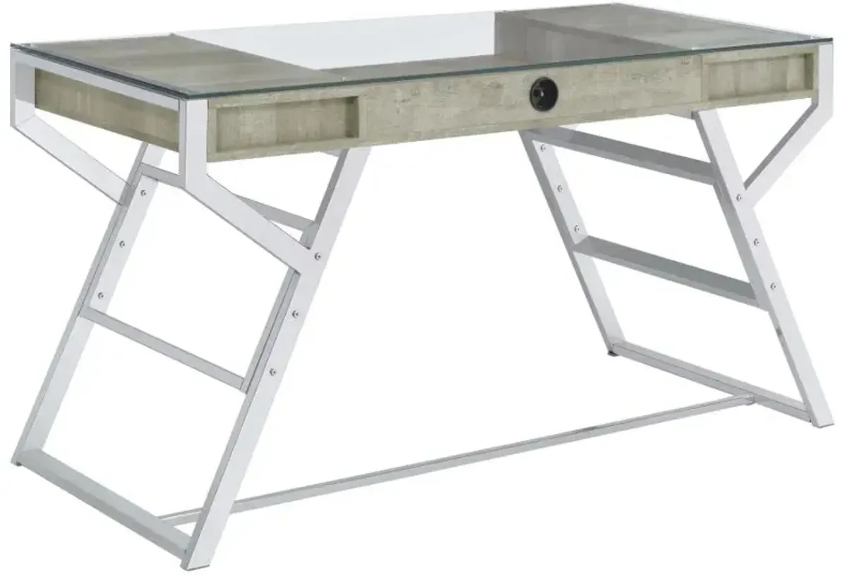 Emelle 2-drawer Glass Top Writing Desk Grey Driftwood and Chrome