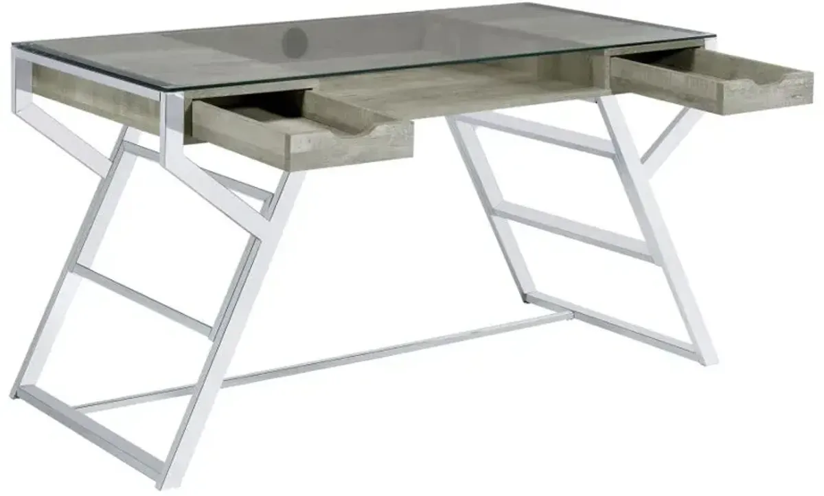 Emelle 2-drawer Glass Top Writing Desk Grey Driftwood and Chrome