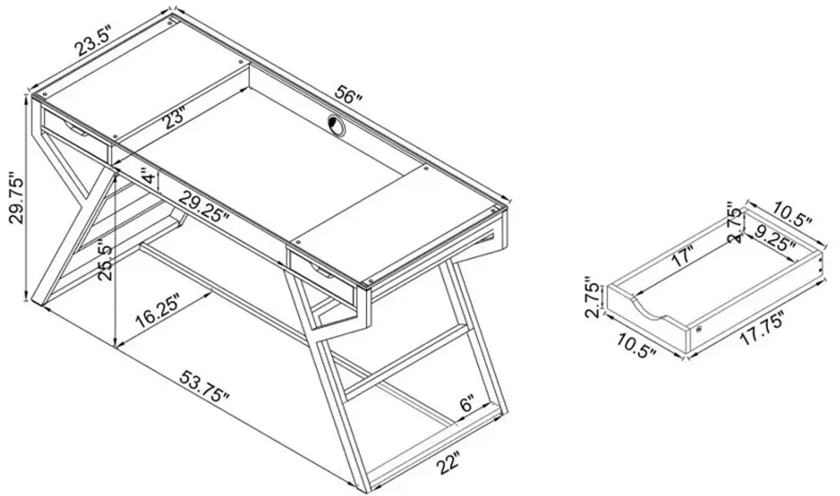 Emelle 2-drawer Glass Top Writing Desk Grey Driftwood and Chrome