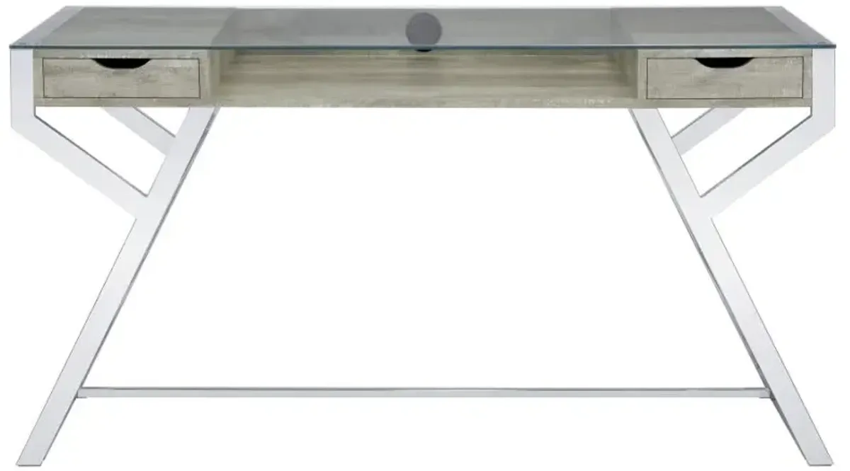 Emelle 2-drawer Glass Top Writing Desk Grey Driftwood and Chrome