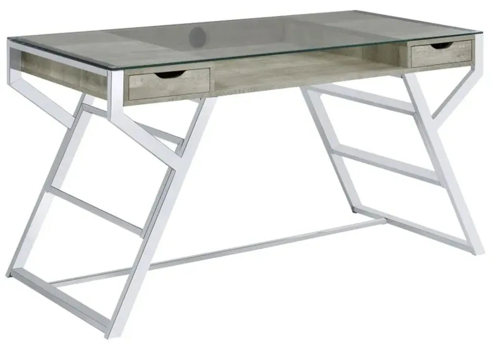 Emelle 2-drawer Glass Top Writing Desk Grey Driftwood and Chrome