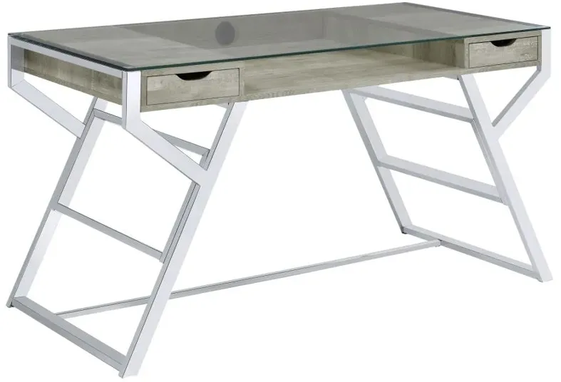 Emelle 2-drawer Glass Top Writing Desk Grey Driftwood and Chrome