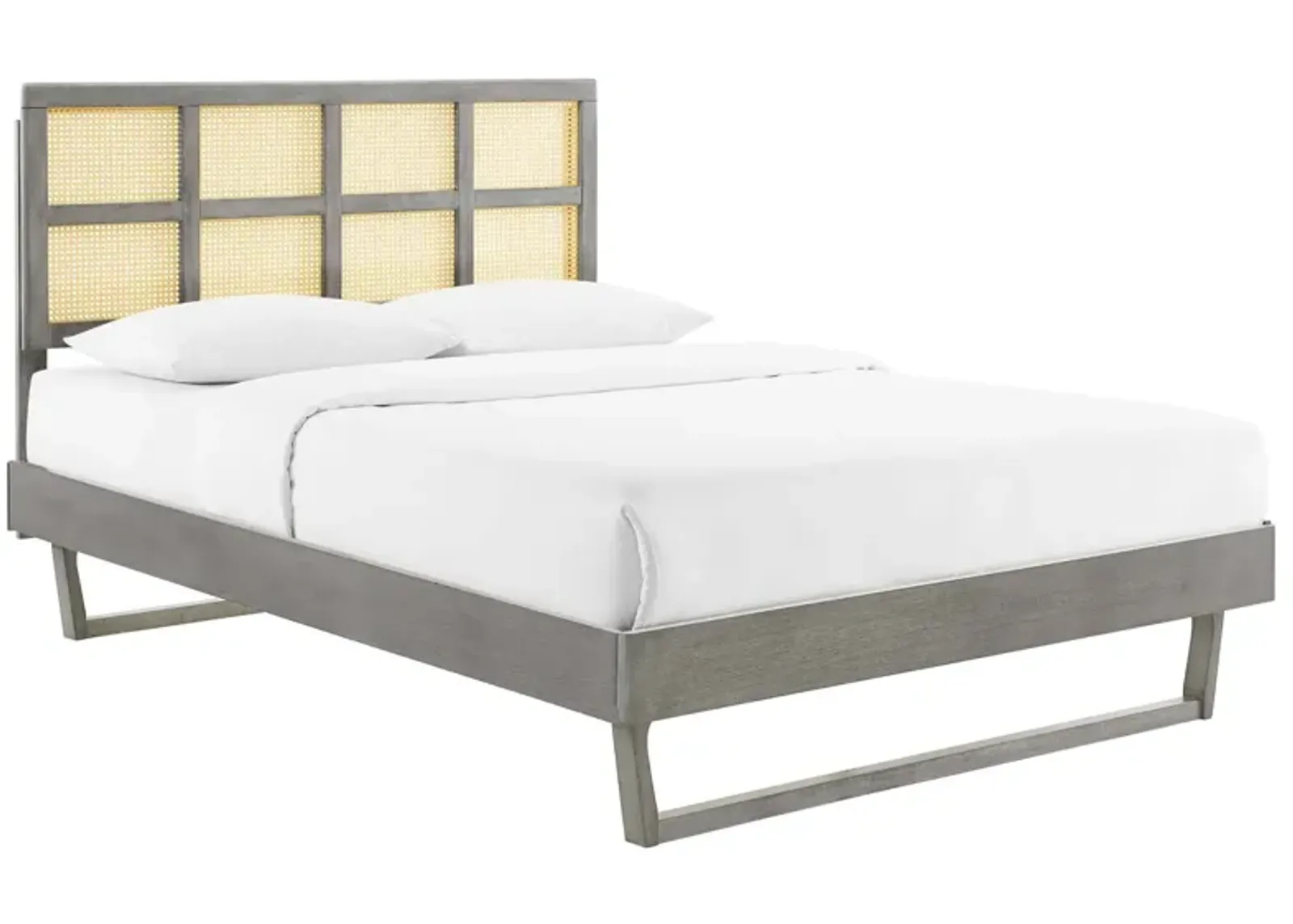 Sidney Cane and Wood Queen Platform Bed With Angular Legs