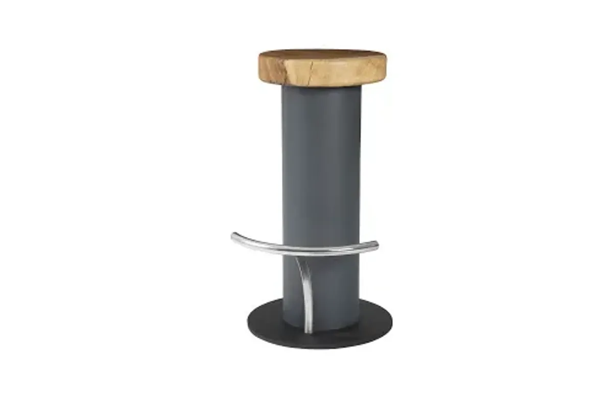 concrete bar stool, chamcha wood top, stainless steel footrest