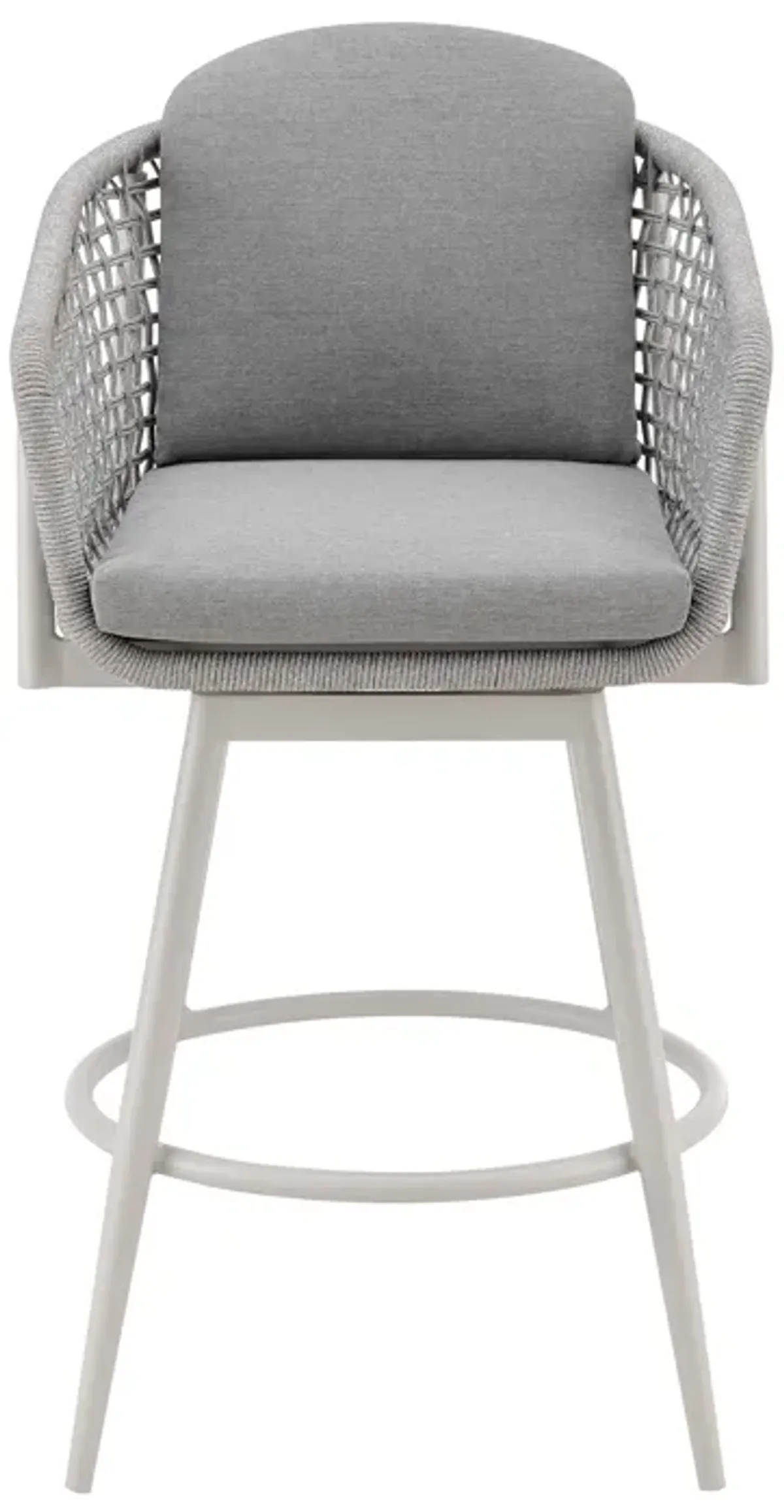 Rhodes Outdoor Patio Swivel Counter Stool in Aluminum with Light Gray Rope and Cushions