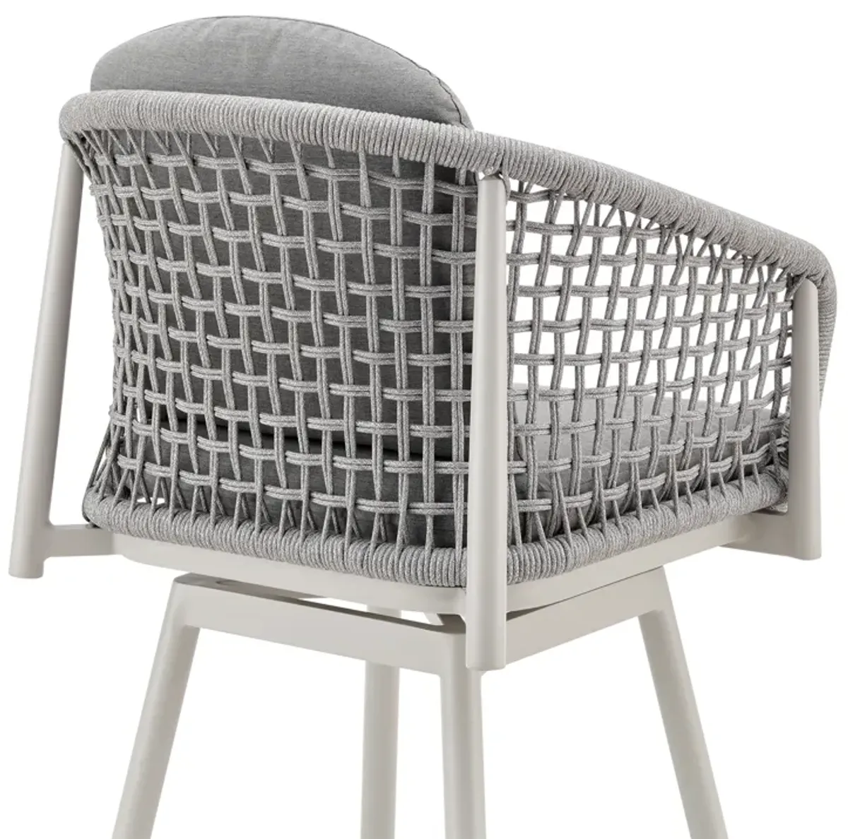 Rhodes Outdoor Patio Swivel Counter Stool in Aluminum with Light Gray Rope and Cushions