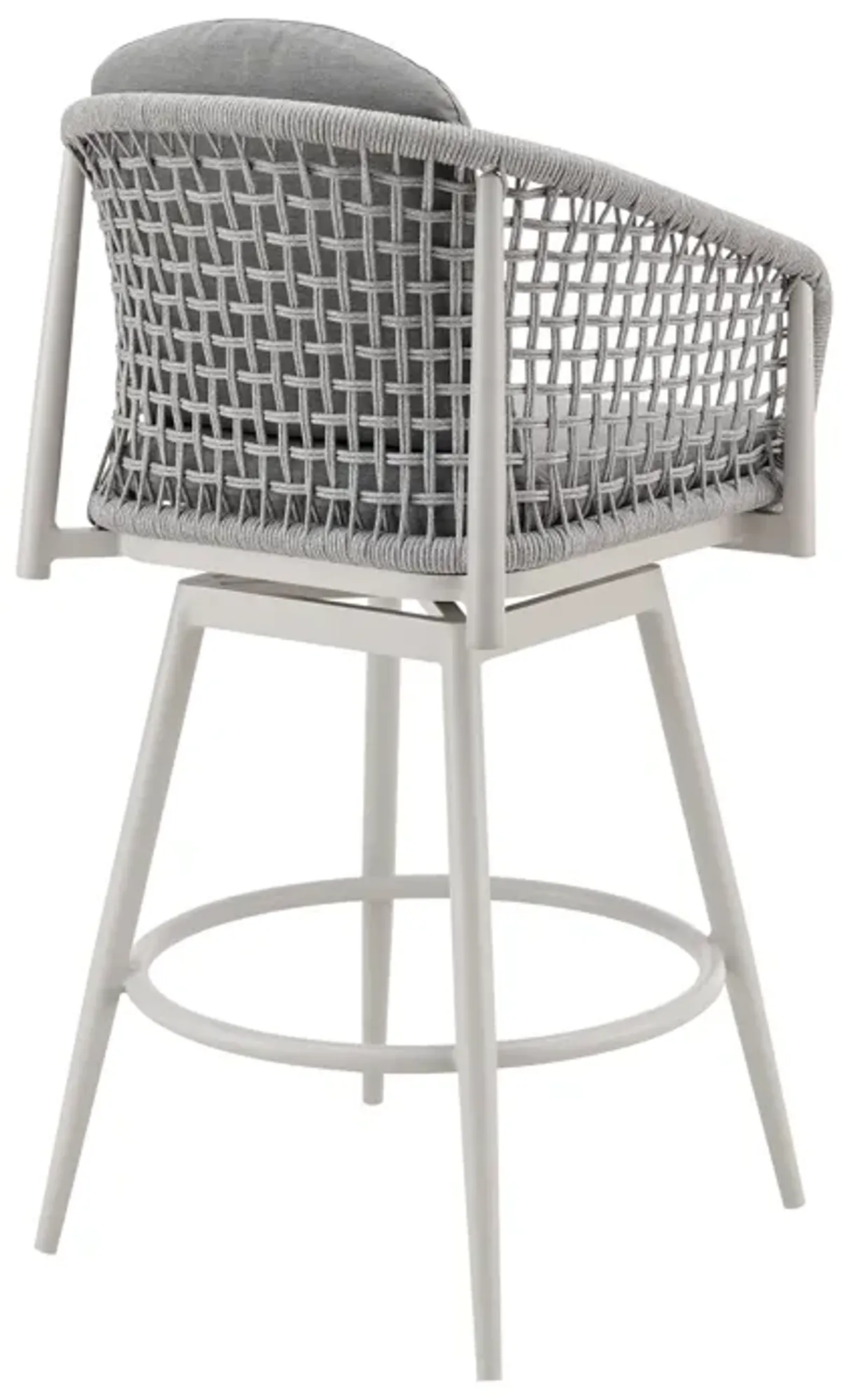 Rhodes Outdoor Patio Swivel Counter Stool in Aluminum with Light Gray Rope and Cushions